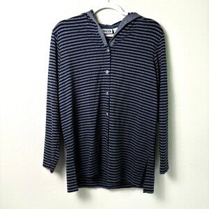Chicos Design Button Front Hooded Top‎ Size 1US M Black Gray Striped Stretch USA